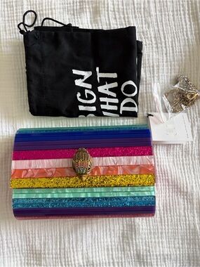 Kurt Geiger Rainbow Striped Clutch with Gold Decorative Accent